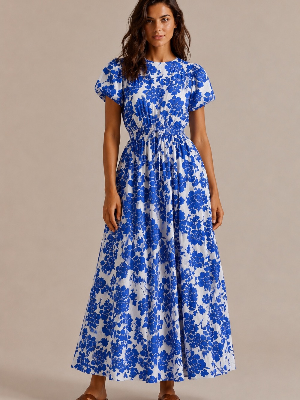 Blue Floral Maxi Dress with Smocked Waist and Short Sleeves